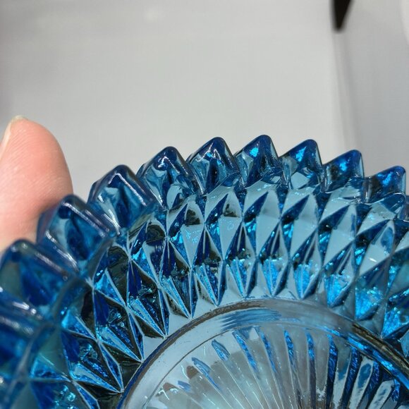 Indiana Glass Diamond Point Aqua Glass Powder Candy Dish With Lid Metal Handle - Picture 9 of 14